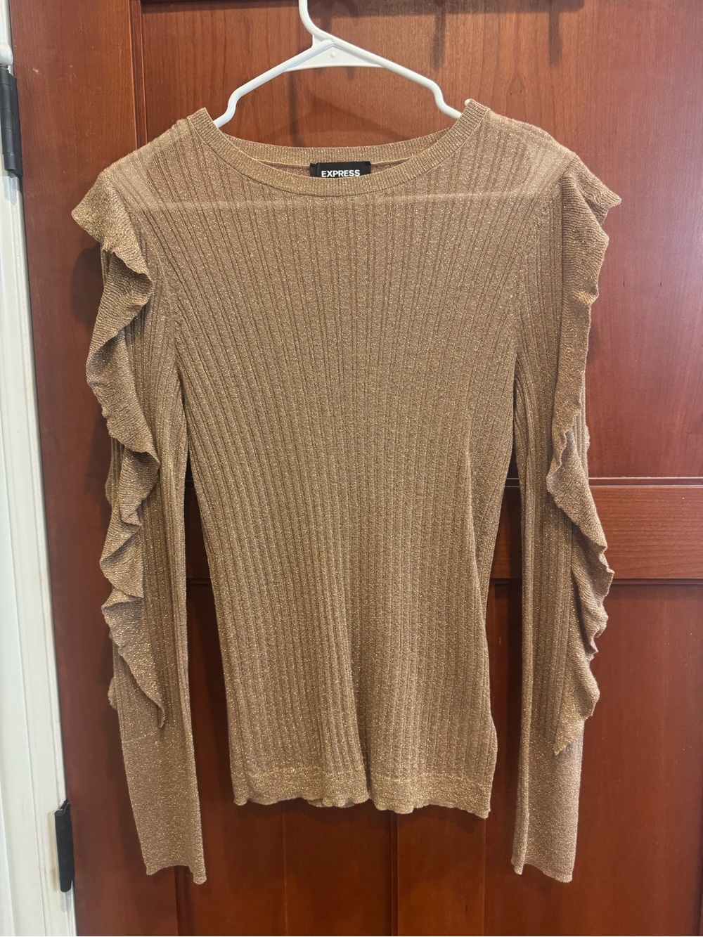 Express Metallic Ribbed Ruffle Sleeve Top | Size Small